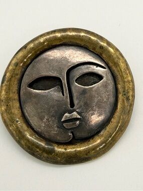 Abstract Moon Face 9.25 Sterling Silver Pin Brooch Brass 19.5g